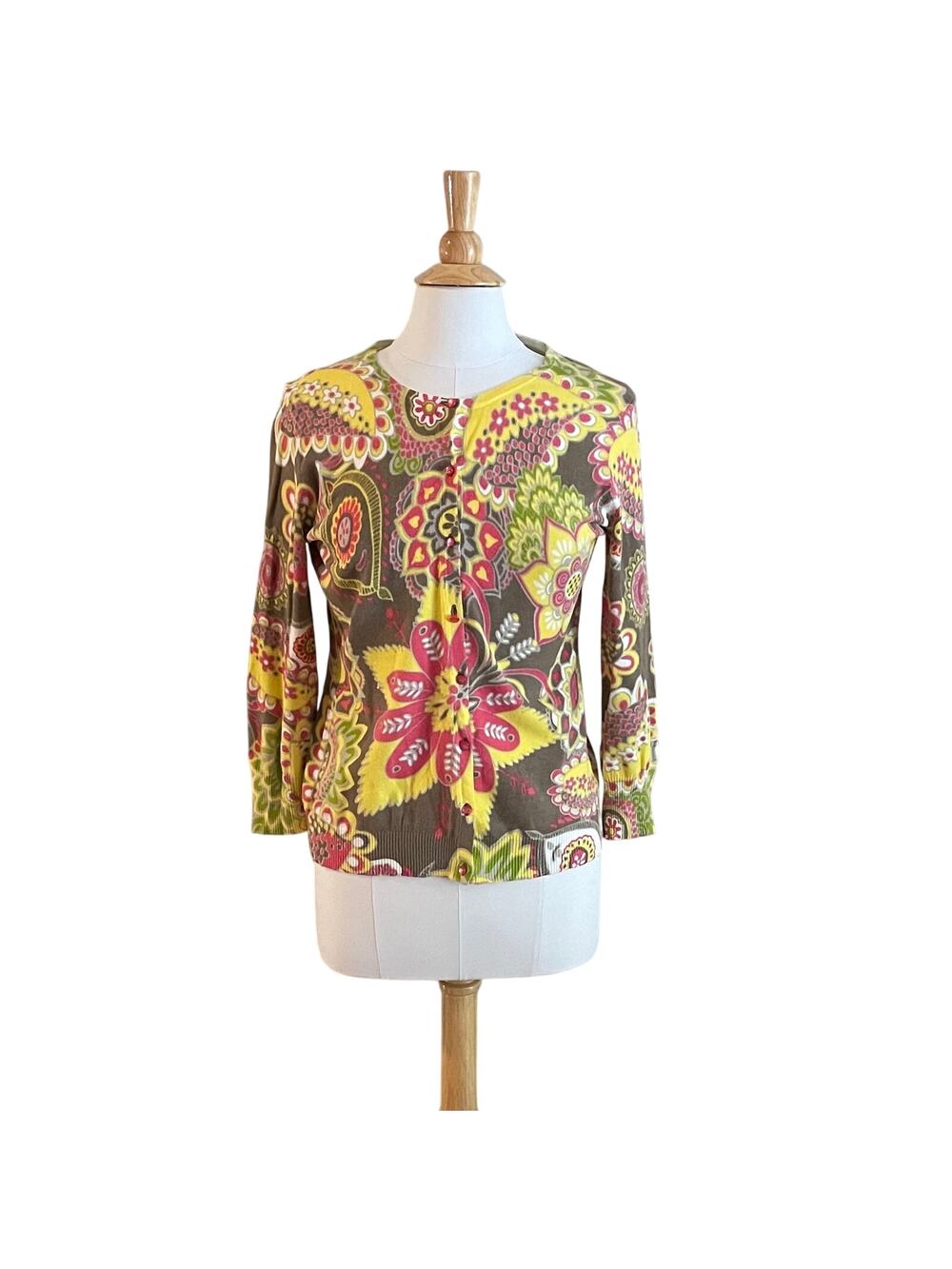 Peck & Peck Weekend Yellow Pink Floral Cotton Blend Crew Neck Cardigan, Size S